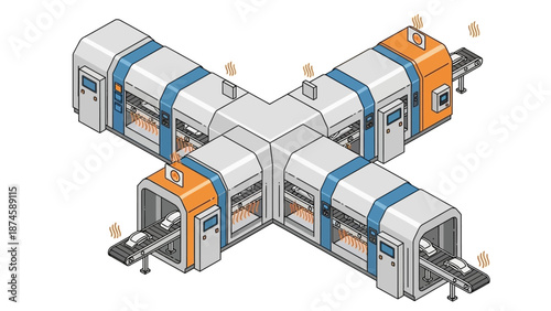 Modern industrial automation process depicted in an isometric illustration, showcasing an efficient cross-shaped manufacturing facility with conveyor belts and advanced production machinery