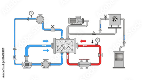 Technical diagram illustrating an industrial heat exchange system with comprehensive fluid circulation for heating, cooling, and thermal management processes