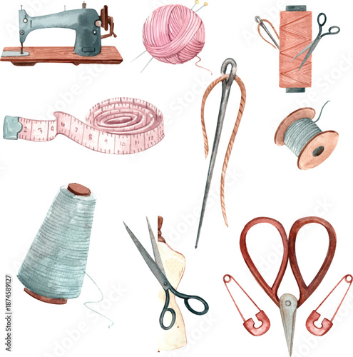 Watercolor Sewing and Tailoring Tools Set. Hand-Drawn Collection Featuring Vintage Sewing Machine, Thread Spools, Scissors, Tape Measure, and Knitting Essentials. Vector Craft Illustration