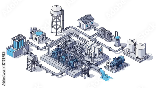 Isometric Illustration of an Advanced Industrial Water Treatment and Supply System for Purification and Distribution Infrastructure