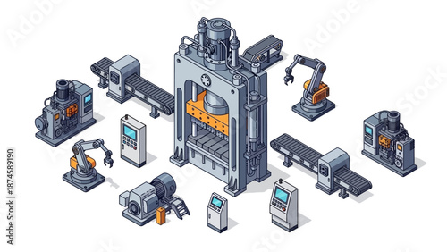 Isometric factory automation with industrial machines hydraulic press, robotic arms, and conveyor belts for modern manufacturing and production