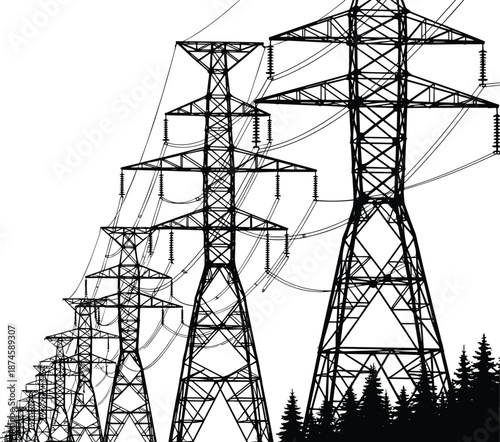 High voltage power transmission towers silhouette illustration showing electric pylons and overhead lines, black energy infrastructure for electricity distribution, industry, engineering, and utility 