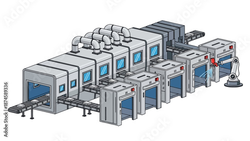 Automated factory production line with robotic arms and conveyor belts showcasing modern industrial manufacturing processes and assembly technology, emphasizing efficiency and innovation