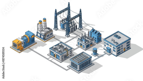 Isometric illustration of an electricity power grid, detailing the interconnected infrastructure of generation plants, high-voltage substations, and distribution systems for energy supply