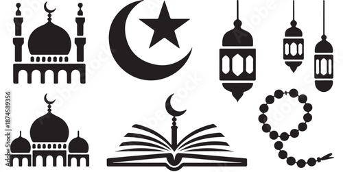 Islamic symbols collection set including mosque crescent star lantern quran and tasbih beads