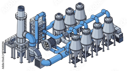 Isometric 3D concept illustration of a modern industrial manufacturing facility with intricate machinery, interconnected pipelines, and processing units, depicting a complex factory setup