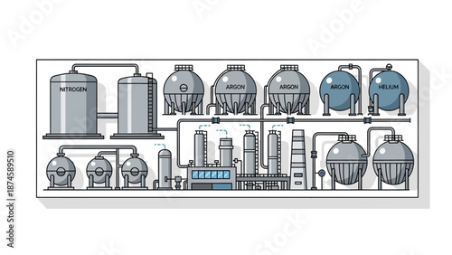 Vector illustration of an industrial gas production and storage plant layout, showing large tanks, complex piping, and a central processing facility for chemical elements