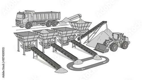 Efficient Material Handling and Processing System for Aggregate Production Industrial Illustration Featuring Conveyor Belts, Hoppers, Dump Truck, and Loader