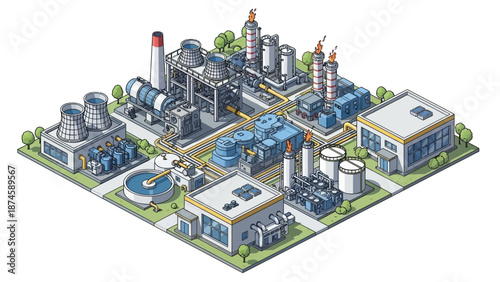 Isometric illustration of an industrial complex and power plant, featuring buildings, cooling towers, pipes, and machinery, representing energy and manufacturing