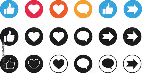 Social media reaction icon set illustration with like, love, comment, and arrow buttons in multiple colors and styles for modern user interface, apps, and digital platforms