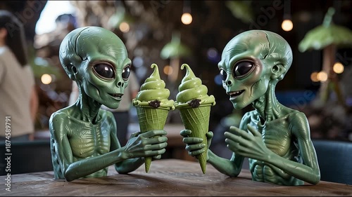 Two aliens sitting in a bar are surprised to taste green ice cream.
