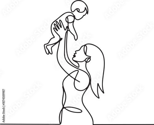Minimalist continuous line art of a mother lovingly lifting her baby, symbolizing pure maternal affection and family joy