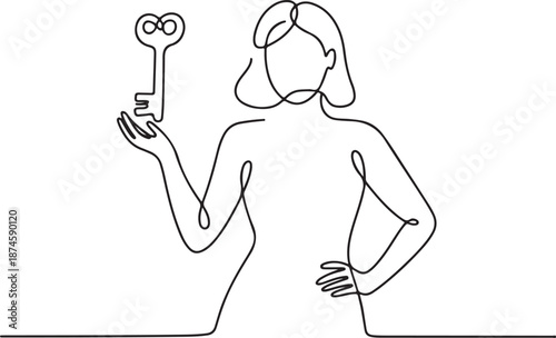 Empowered woman in continuous line art holds a key, representing unlocking opportunities, finding solutions, and achieving success