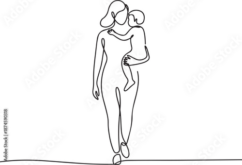 Minimalist single line art drawing depicting a tender moment of a mother holding her beloved child, symbolizing maternal love and family connection in a continuous illustration