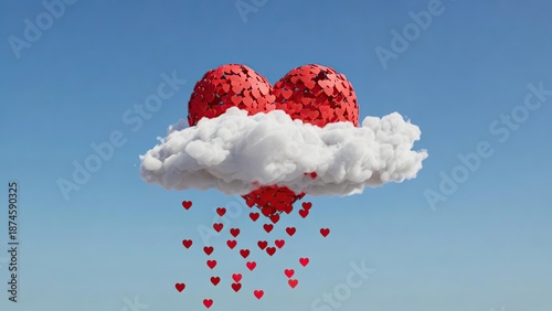 A large red heart on a white cloud rains smaller hearts from the clear blue sky.