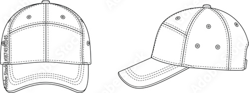 Baseball cap technical illustration showing front and perspective views, detailed stitching and panel construction, classic headwear design vector line art mockup isolated on white background