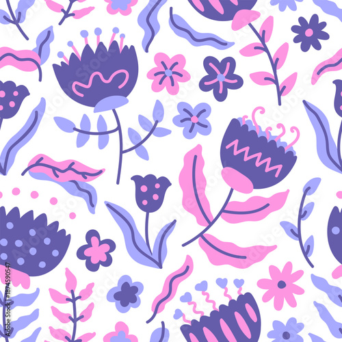 Bright abstract hand drawn pink decorative flowers seamless pattern.