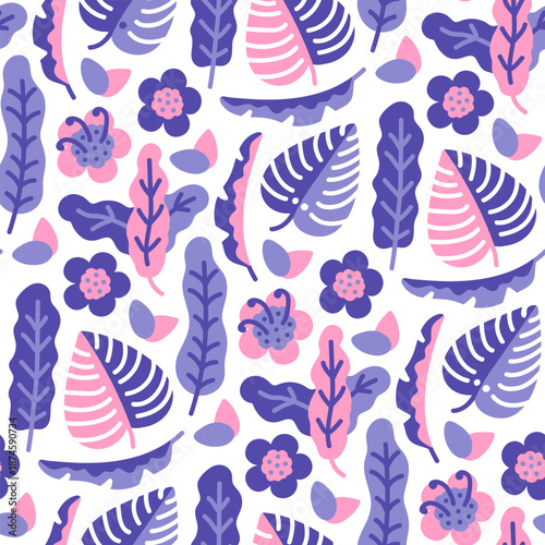 Bright abstract hand drawn decorative monstera leaves and flowers seamless pattern.