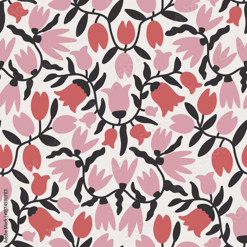 Decorative simple hand drawn flowers seamless pattern. Abstract primitive pink bouquets in retro style.