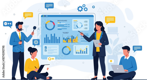 Business people collaborate around a large screen displaying complex data charts and analytical dashboards during a meeting.
