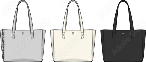 Tote bag illustration set in neutral colors, modern fabric shopping handbag design, minimalist fashion accessory collection, detailed vector drawing isolated on white background