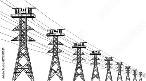 High voltage electricity transmission towers with overhead power lines, utility infrastructure perspective view, detailed black and white technical line art illustration isolated on white background