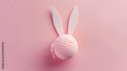 A Charming and Minimalist Composition Featuring a Single Scoop of Creamy White Ice Cream with Cute Bunny Ears Set Against a Soft Pastel Pink Background.
