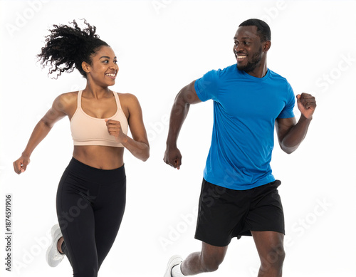 An active fit couple engages in a healthy running workout, showcasing athletic training as a male and female runner exercising together for peak fitness