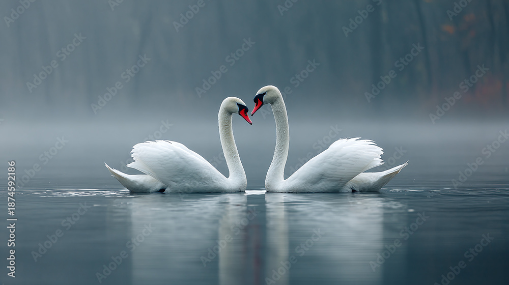 Fototapeta premium Two graceful swans facing each other, creating a heart shape with their necks, reflecting in the calm water under a hazy, soft light.