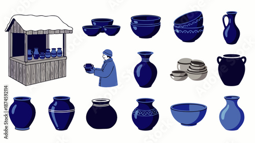 Collection of traditional blue ceramic pottery and a market stall, handcrafted artisanal ceramics, decorative vases and bowls