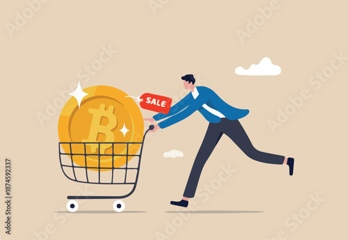 Buying Bitcoin on sale when cryptocurrency price crash to make profit concept, smart man buying or purchasing crypto currency Bitcoin in shopping cart trolley to speculate earning in the future