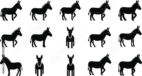 Black Silhouette Vector of Donkeys in Profile and Front Views with Unique Stylized Variations on White Background