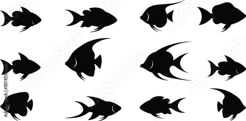 Black Silhouette Vector of Various Fish Species in Grid Layout for Marine Design and Educational Use