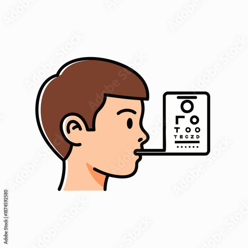 Color icon illustration of a person undergoing an eye examination with a Snellen chart, representing vision testing and ophthalmology for medical health check-ups.