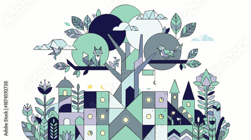 Enchanting flat design illustration featuring a large stylized tree with wildlife, nestled among abstract buildings and floral elements, in a serene, modern style.