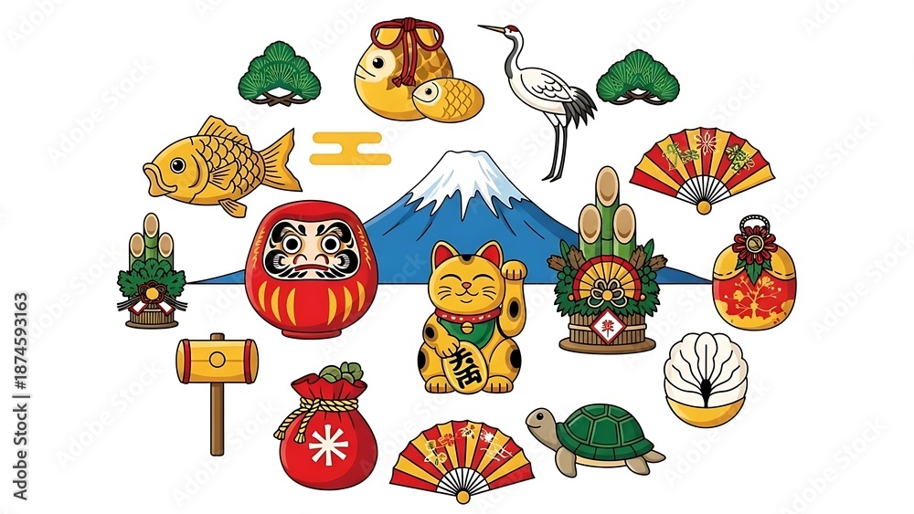 Fototapeta premium Assortment of Japanese lucky charms, symbols, and elements arranged in a circle