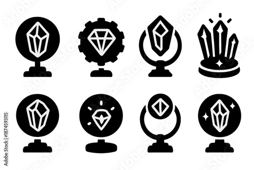 Mineral Zoetrope Icons. Solid style icons of mineral zoetropes: crystal motion wheel, rotating gem frame, animated quartz ring,