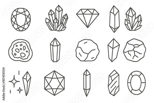 Crystal Icon Collection. Line style icons of crystals and minerals: gemstone, quartz cluster, diamond, amethyst, geode, crystal