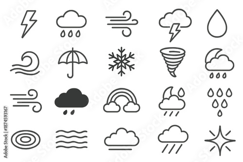 Weather Icons Collection. Line style icons of storms and weather: lightning bolt, rain cloud, wind swirl, thunder, droplet, storm