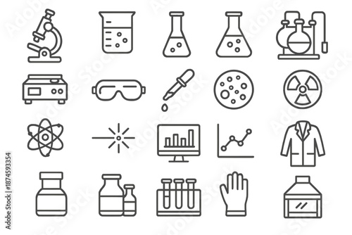 Laboratory Icon Set. Line style icons of laboratory science: microscope, beaker, test tube, flask, reaction chamber, centrifuge,
