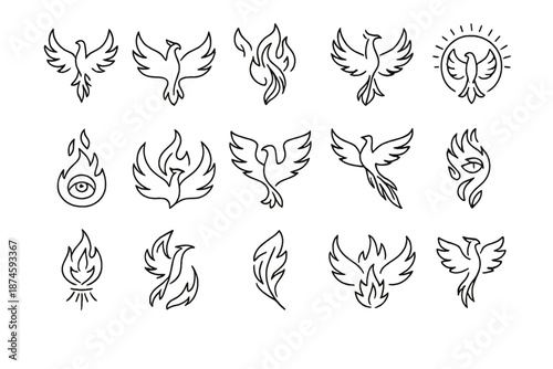 Phoenix Line Icons. Line style icons of phoenix imagery: rising bird, flaming wings, fire feathers, long tail, sun halo, ash spark