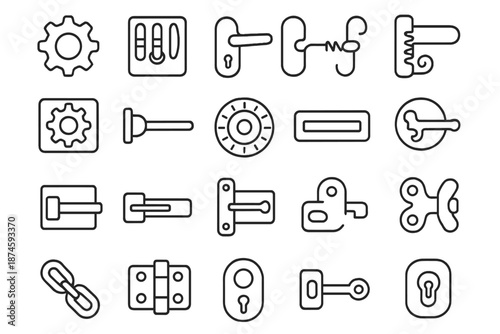 Mechanical Lock Icons. Line style icons of mechanical locks: gear wheel, tumbler, lever system, spring catch, cog rotation,