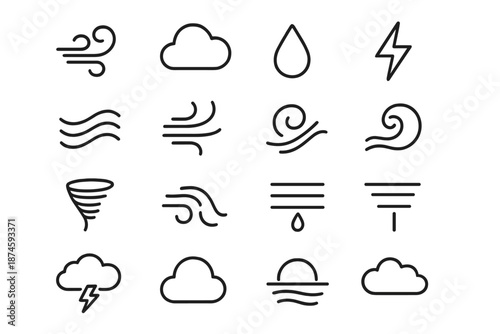 Weather Icon Line Art. Line style icons of weather and wind: swirling gust, cloud arc, rain drop, lightning flash, rolling wind,