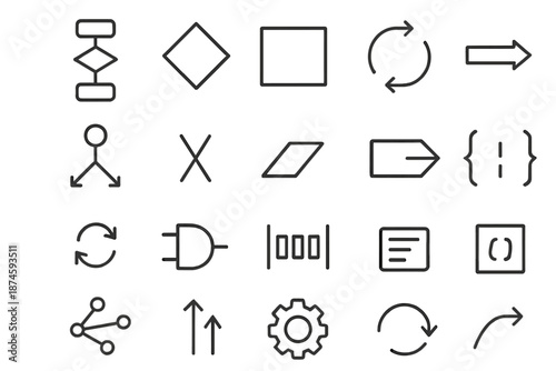 Algorithmic Logic Icons. Line style icons of Algorithmic Logic: flowchart, decision diamond, process block, loop arrow,