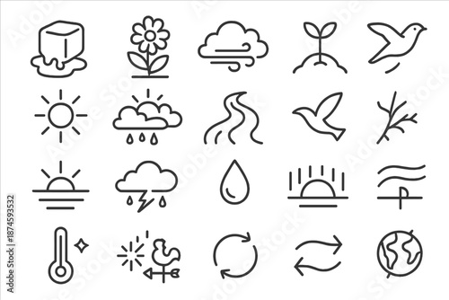 Seasonal Change Icons. Line style icons of Seasonal Change: melting ice, new bloom, cold wind, green sprout, sunbeam, snow melt,