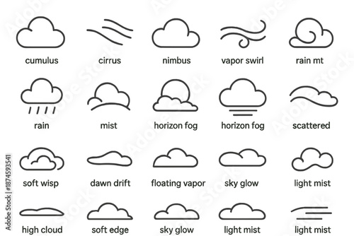 Cloud Shape Icons. Line style icons of Cloud Shapes: cumulus puff, cirrus streak, nimbus wave, vapor swirl, rain drop, mist arc,