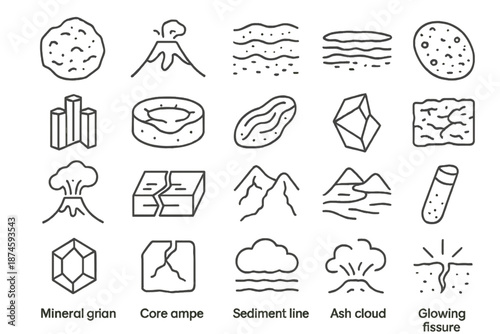 Geological Formation Icons. Line style icons of Geological Formation: volcanic rock, magma flow, ash layer, lava field, basalt