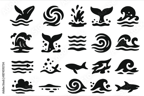 Ocean Whale Icons. Solid style icons of Ocean current whale: breaching whale, swirling current, sea spray, diving fluke, ocean
