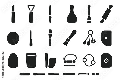 Pottery Tools Icons. Solid style icons of Pottery tools: carving knife, trimming loop, shaping rib, metal scraper, sponge, needle
