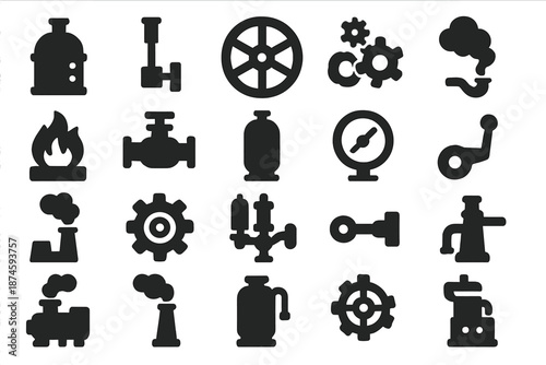 Steam Power Icons. Solid style icons of Steam power machinery: engine boiler, piston rod, flywheel, connecting gear, exhaust pipe,